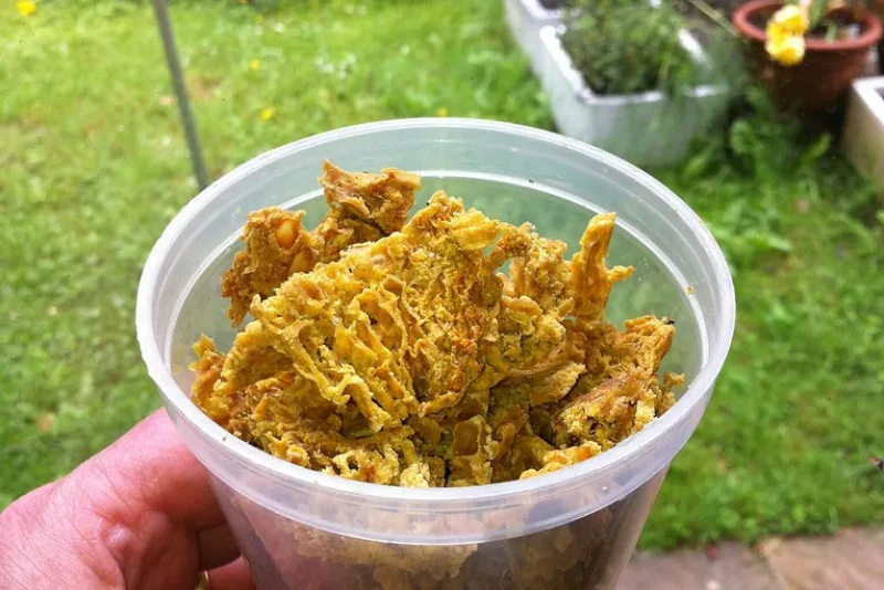 Propolis brut, bucăți gălbui-maronii de clei de albine într-un recipient