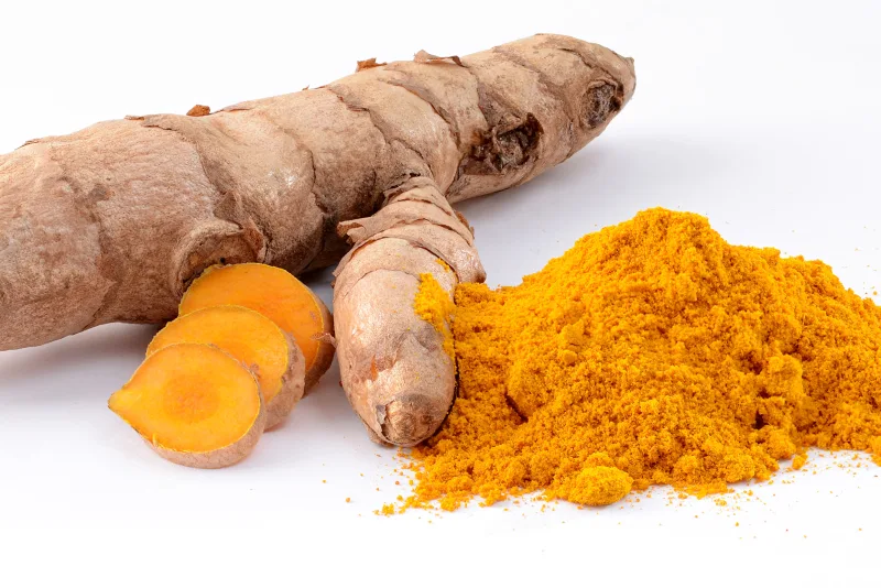 Fresh turmeric rhizome and golden curcuma powder on a white background