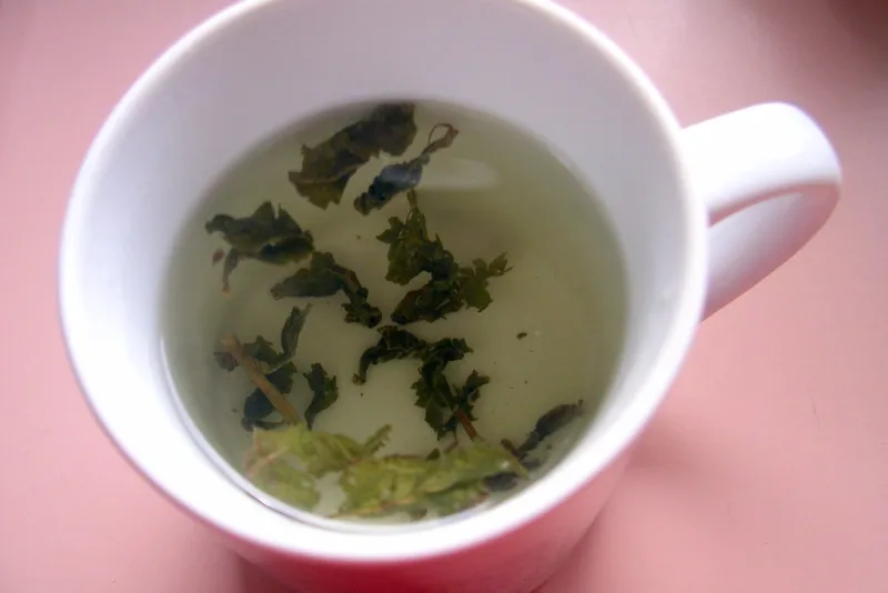 Cană albă cu ceai oolong proaspăt preparat și frunze plutind la suprafață
