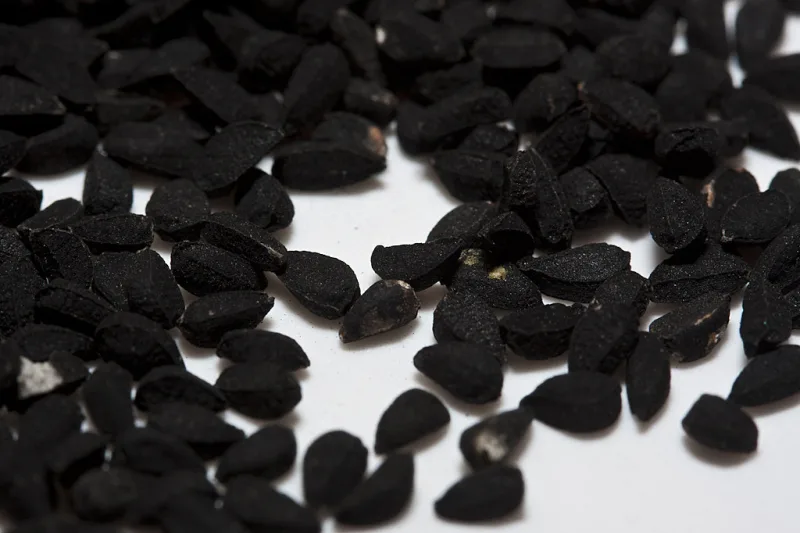 Close-up of black cumin (Nigella sativa) seeds in a bowl