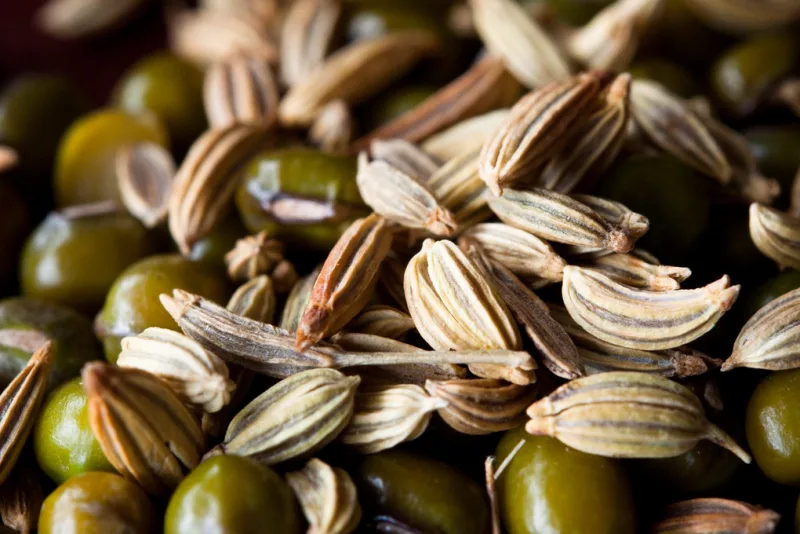 Fennel seeds in a wooden spoon on a rustic table