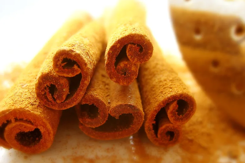 Close-up of cinnamon sticks dusted with cinnamon powder