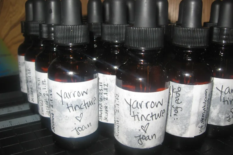Amber dropper bottles holding herbal tinctures with hand-written labels